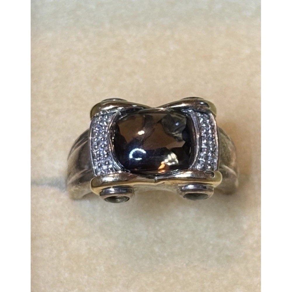 .925 Sterling Silver 18k Yellow Gold Smokey Quartz Diamond Accent Ring Size 7